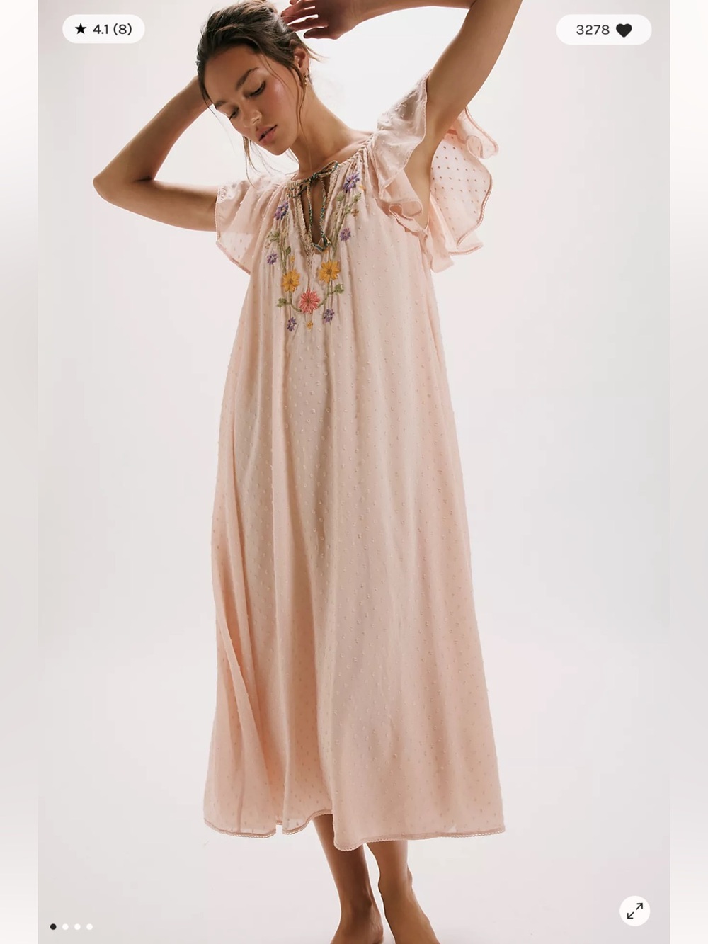 Free People Savannah Rose Vintage Embroidered Floral Swiss Dot Midi Dress S